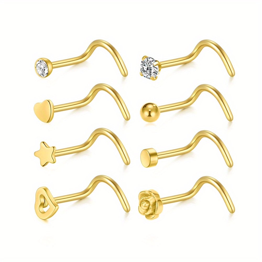 E-shop 8 Stile Elegantes 304 Edelstahl Nasenring-Set, Synthetische Zirkonia Gebogene Stift-Nasenstifte, Niedliche Nasenschmuck für den täglichen