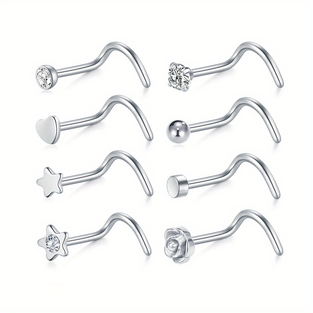 TEMU 8 Styles Elegant 304 Stainless Steel Nose Rings Set, Synthetic Zirconia Curved Rod Nose Studs, Cute Nose Jewelry For , Gift For Valentine's Day - All Compatible