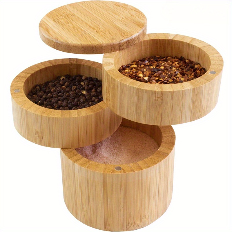 

Bamboo Triple With Magnetic Swivel Kitchen Salt Pepper Storage Box Salt Jar Kichen Wood Container