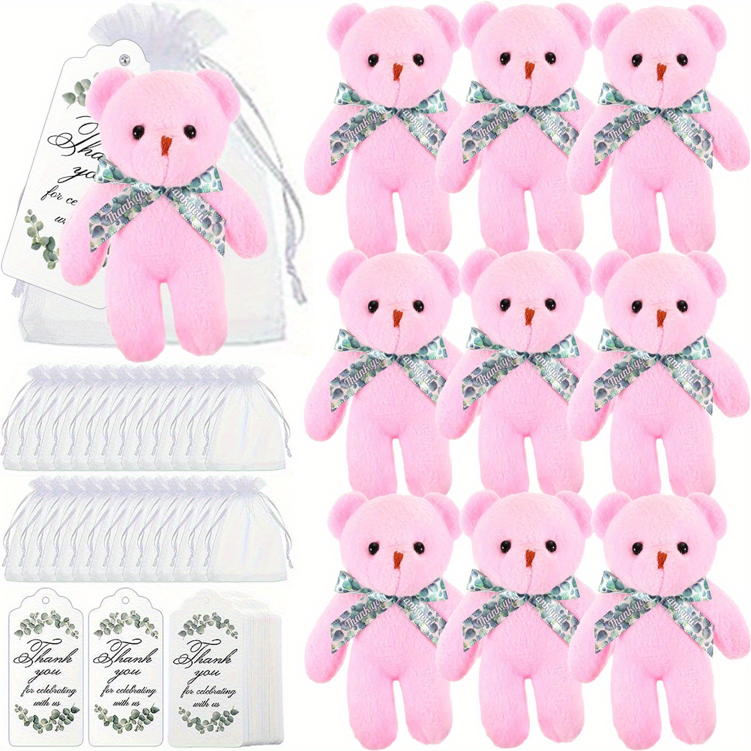 10 Sets, Baby Shower Small * Tiny Plush Bear 4.72 Inch Mini Stuffed Animals  Small Bear Party Favors With Thank You Tags And Mesh Bags For DIY Keyc