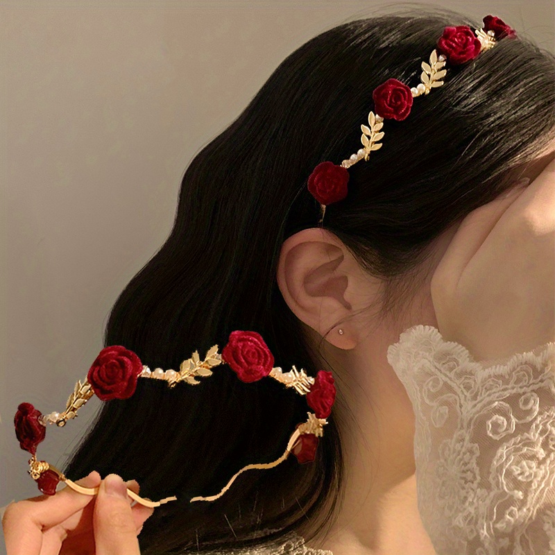 

Elegant Rose Flower Decorative Head Band Faux Pearl Head Wear Vintage Hair Band For Women And Daily Uses