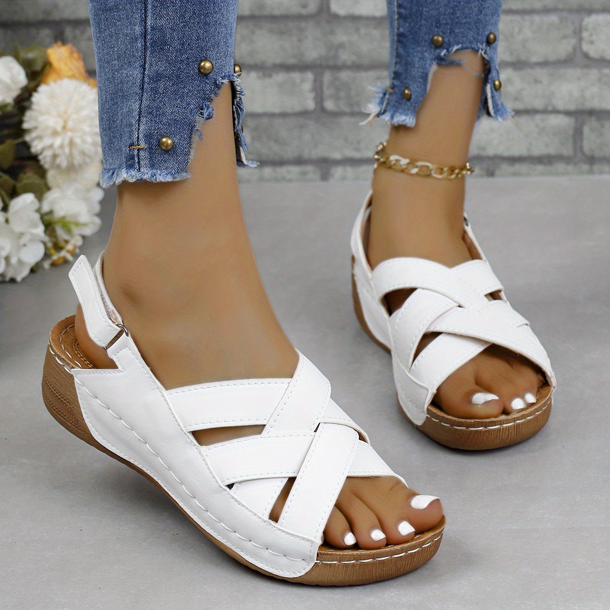 

Women's Solid Color Wedge Heeled Sandals, Casual Open Toe Summer Shoes, Comfortable Ankle Strap Sandals