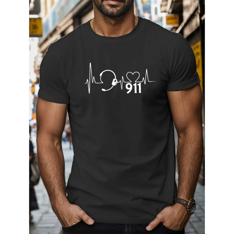 

911 And Headphones Print T Shirt, Tees For Men, Casual Short Sleeve T-shirt For Summer