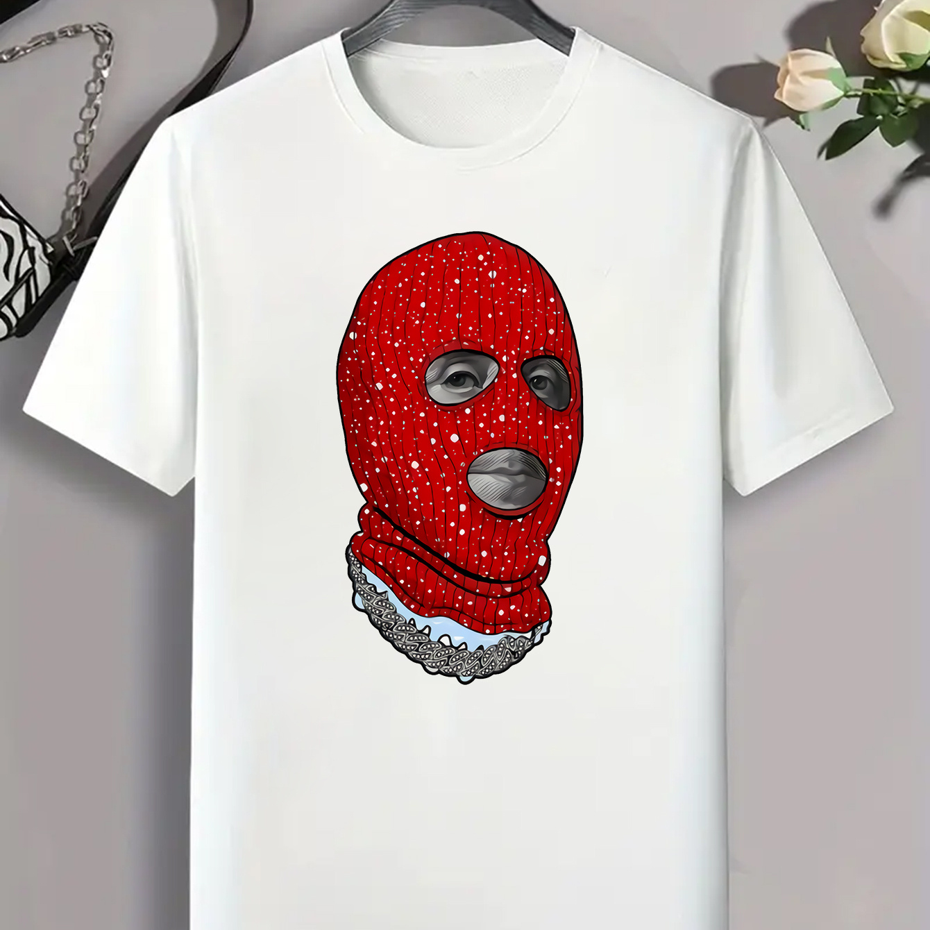 

Mask Print Short Sleeve Tees For Men, Casual Quick Drying Breathable T-shirt, Round Neck T-shirt For All Seasons