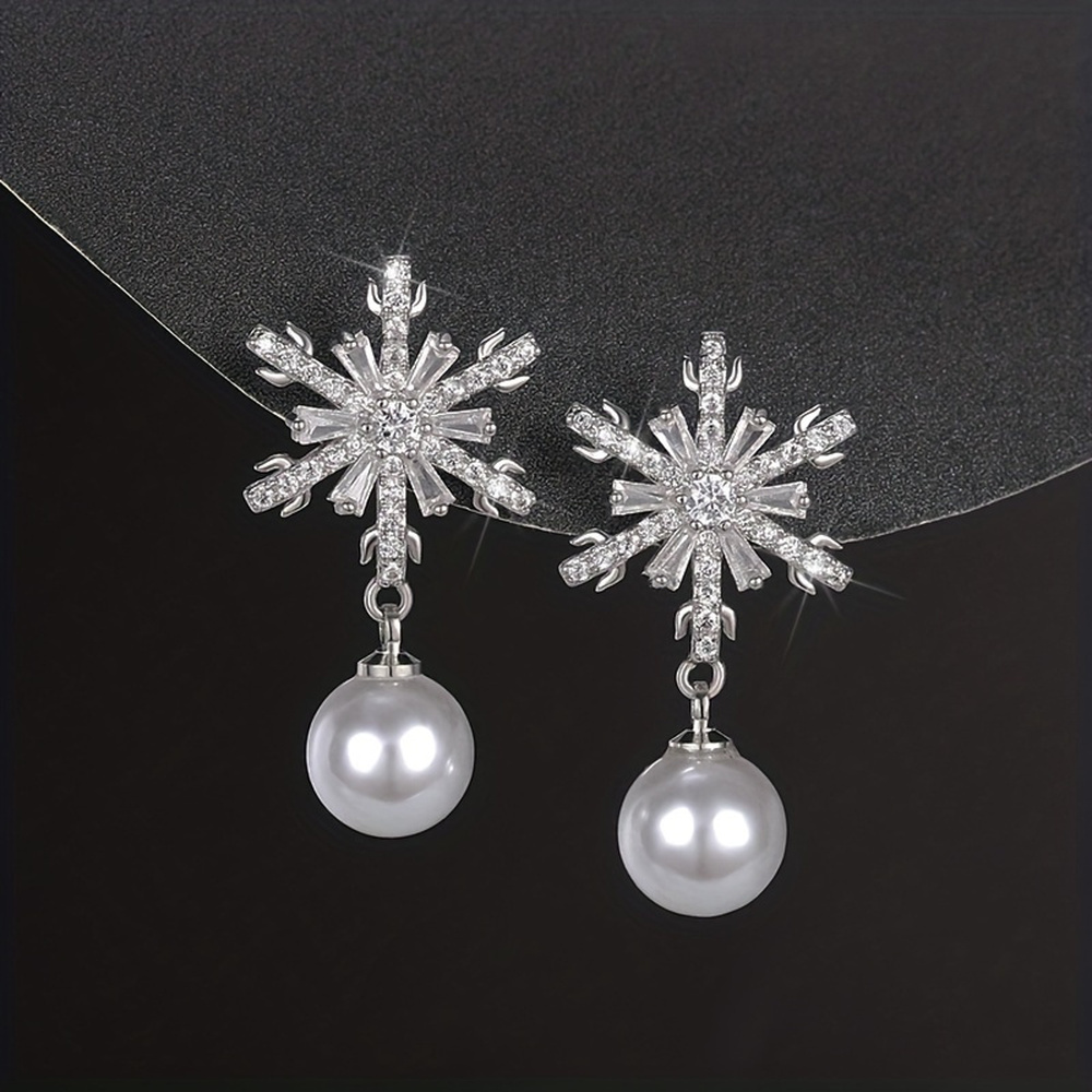 TEMU 1pair Exquisite Rhinestone Snowflake Earrings, With Pearl Pendant, For Gifts