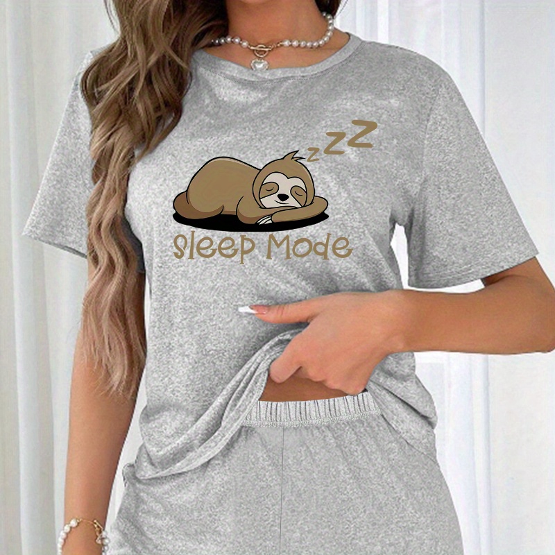 

Sleeping Sloth & Letter Print Pajama Set, Round Neck Short Sleeve Top & Shorts, Women's Sleepwear & Loungewear