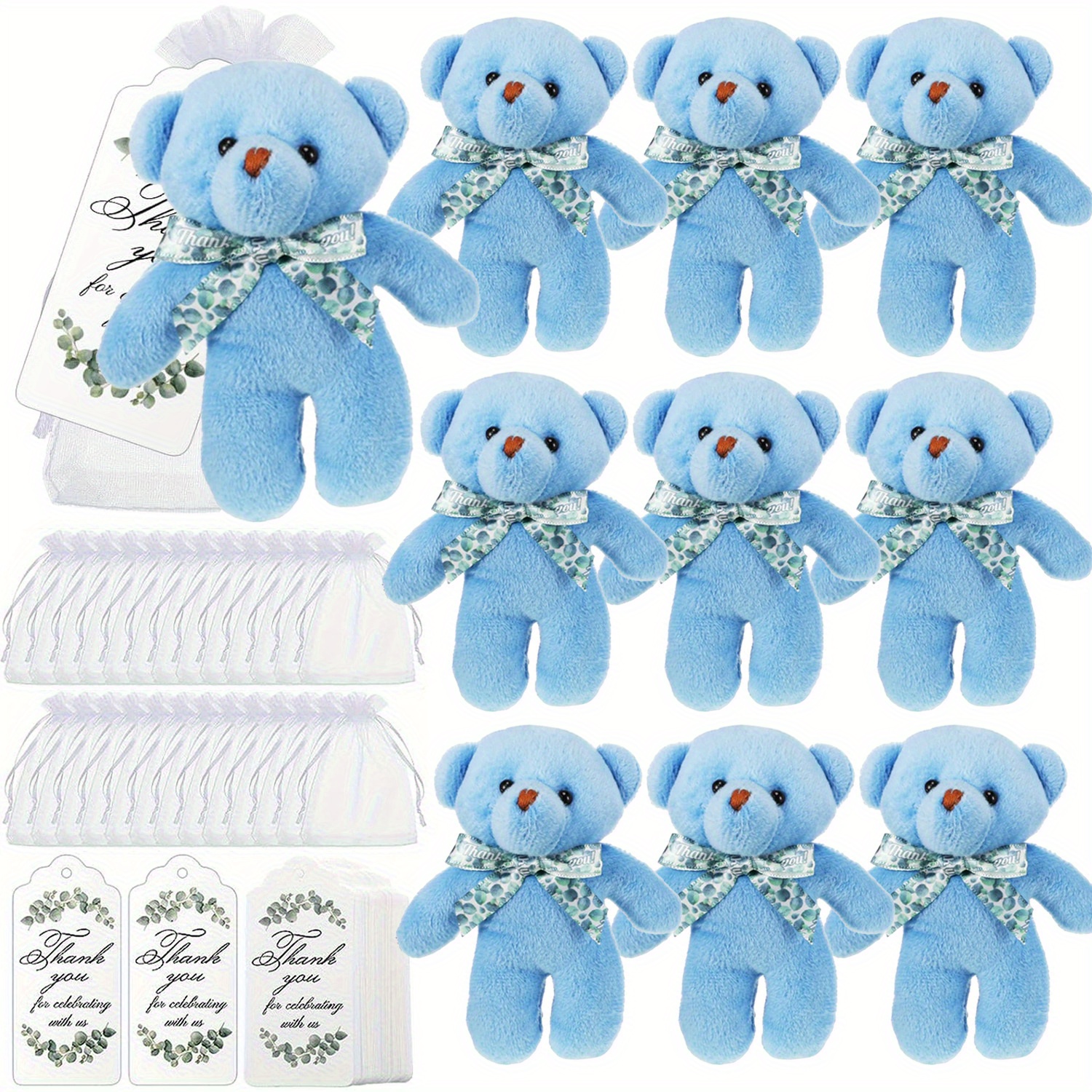 

10 Sets, Baby Shower Small Bears Tiny Plush Bear 4.72 Inch Mini Stuffed Animals Small Bear Party Favors With Thank You Tags And Mesh Bags For Diy Keychain Birthday Baby Shower