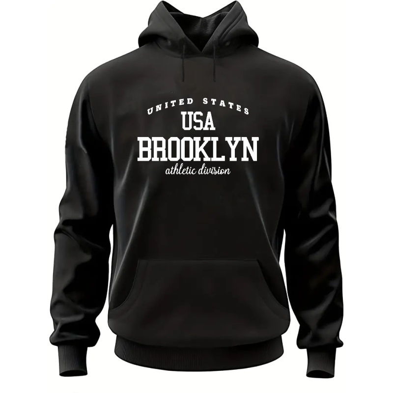 

Usa Brooklyn Print Kangaroo Pocket Hoodie, Casual Long Sleeve Hoodies Pullover Sweatshirt, Men's Clothing, For Fall Winter