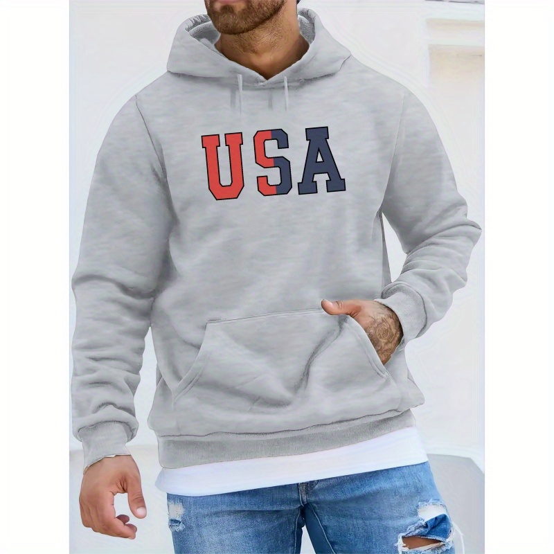 

Usa Print Kangaroo Pocket Hoodie, Casual Long Sleeve Hoodies Pullover Sweatshirt, Men's Clothing, For Fall Winter