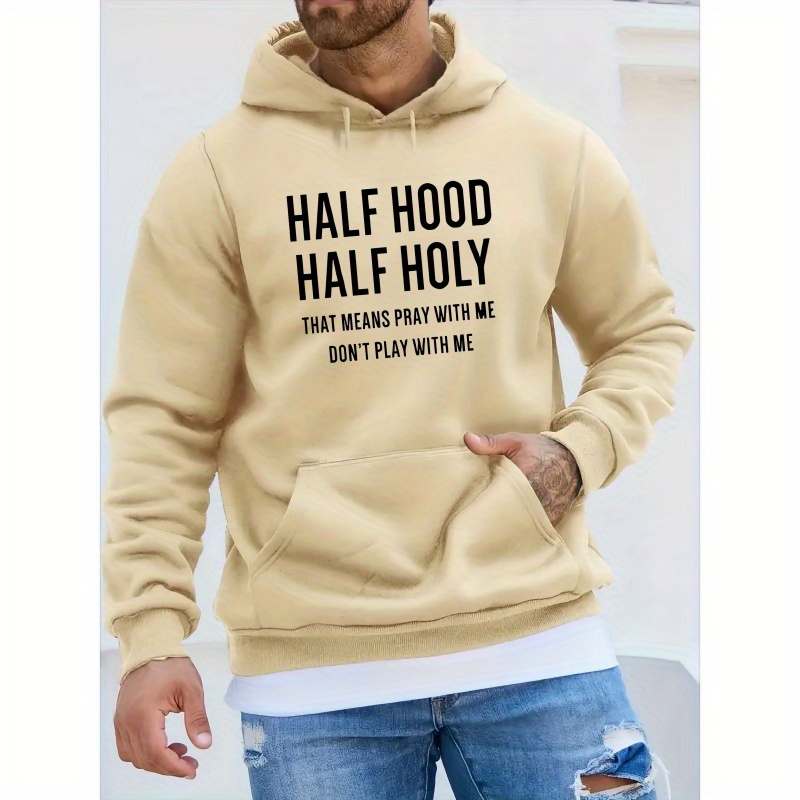 

Half Hood Half Holy Print Kangaroo Pocket Hoodie, Casual Long Sleeve Hoodies Pullover Sweatshirt, Men's Clothing, For Fall Winter