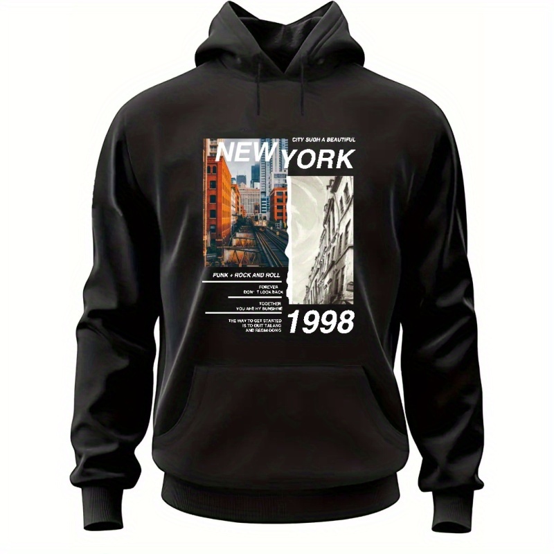 

New York Print Kangaroo Pocket Hoodie, Casual Long Sleeve Hoodies Pullover Sweatshirt, Men's Clothing, For Fall Winter