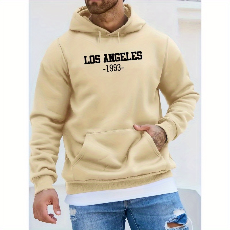 

Los Angeles Print Kangaroo Pocket Hoodie, Casual Long Sleeve Hoodies Pullover Sweatshirt, Men's Clothing, For Fall Winter