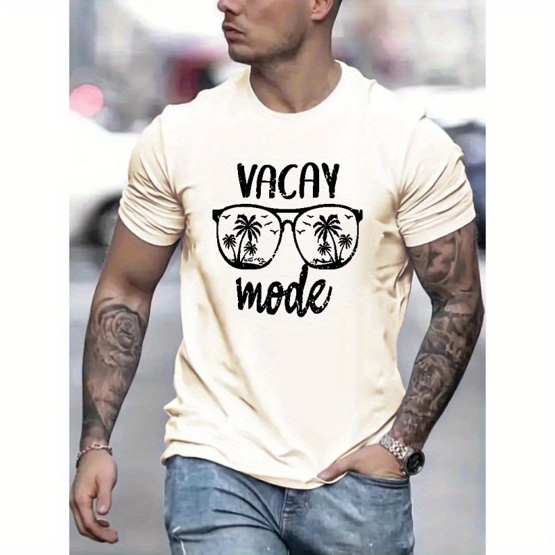 

Vacay Mode Print Men's Short Sleeve T-shirts, Comfy Casual Breathable Tops For Men's Fitness Training, Jogging, Outdoor Activities Spring Summer