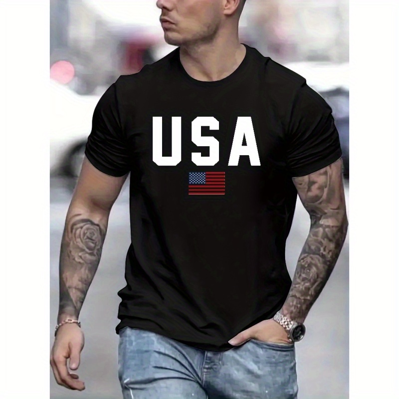 

usa" Alphabet Print Casual Crew Neck Short Sleeves For Men, Quick-drying Comfy Casual Summer T-shirt For Daily Wear Work Out And Vacation Resorts