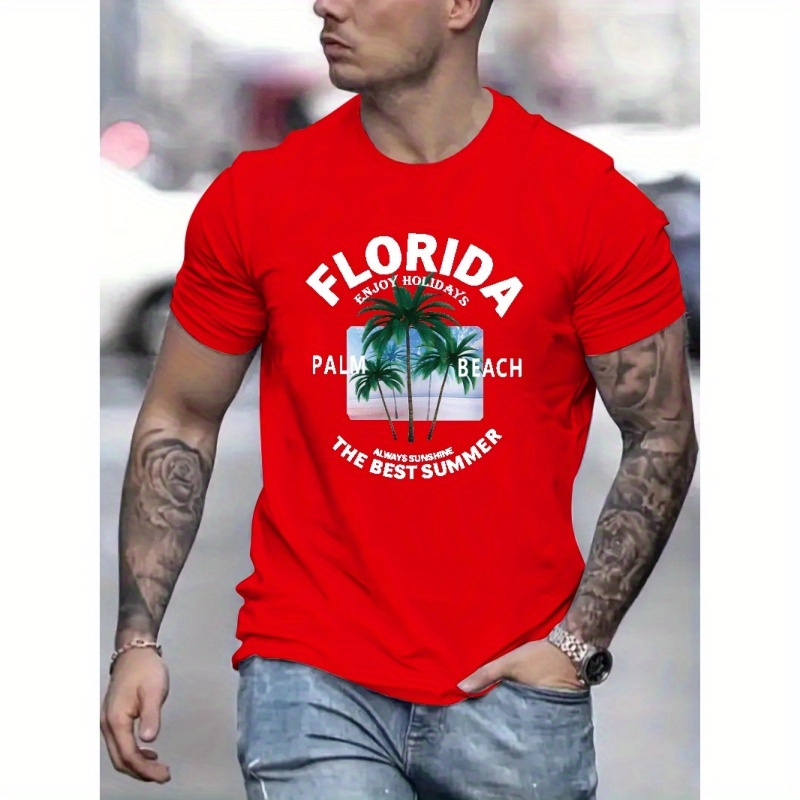 

Florida Palm Beach And Trees Graphic Print, Men's Novel Graphic Design T-shirt, Casual Comfy Tees For Summer, Men's Clothing Tops For Daily Activities
