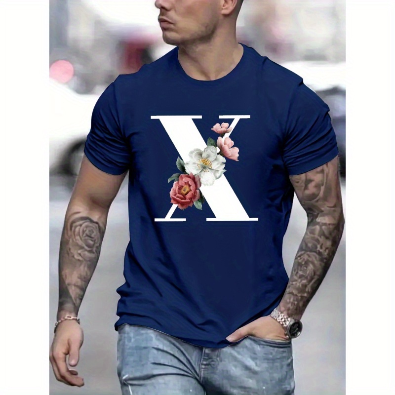 

x" With Flowers Graphic Print Casual Crew Neck Short Sleeves For Men, Quick-drying Comfy Casual Summer T-shirt For Daily Wear Work Out And Vacation Resorts