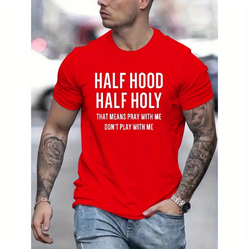 

Half Hood Half Holy Print, Men's Novel Graphic Design T-shirt, Casual Comfy Tees For Summer, Men's Clothing Tops For Daily Activities