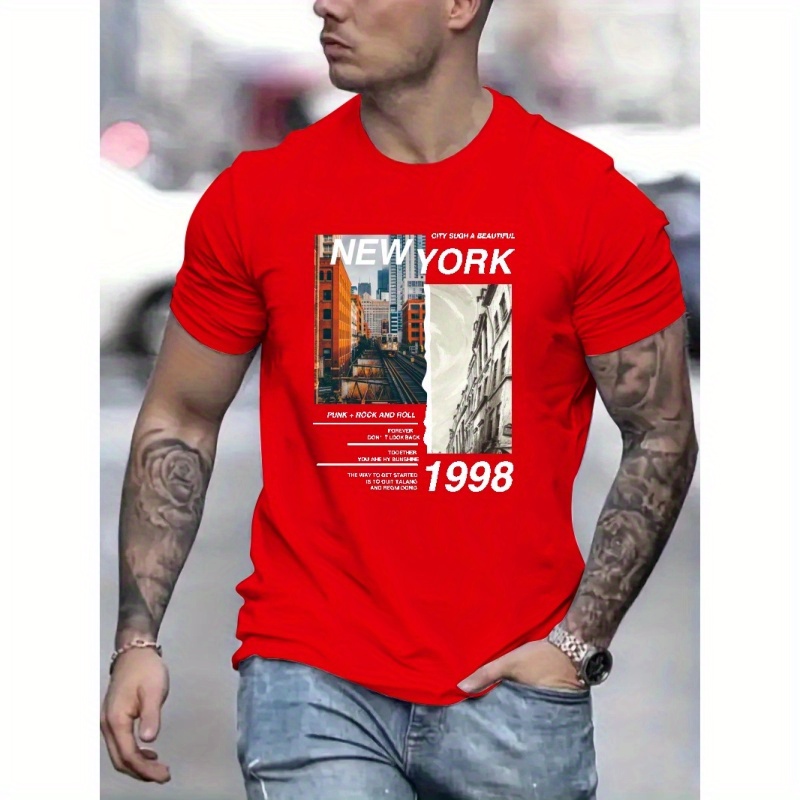 

New York Print Men's Short Sleeve T-shirts, Comfy Casual Breathable Tops For Men's Fitness Training, Jogging, Outdoor Activities Spring Summer