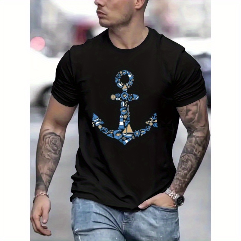 

Creative Anchor Graphic Print Casual Crew Neck Short Sleeve Tops For Men, Quick-drying Comfy Casual Summer T-shirt For Daily Wear Work Out And Vacation Resorts