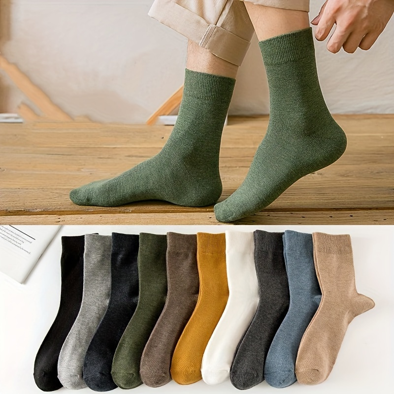 

10 Pairs Of Men's Trendy Solid Crew Socks, Breathable Cotton Comfy Casual Unisex Socks For Men's Outdoor Wearing All Seasons Wearing