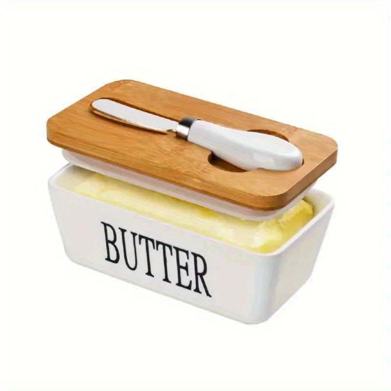

1pc Butter Dish, Ceramic Butter Dish With Bamboo Lid And Knife For Countertop, Double Silicone Seal, White Small Perfect Butter Keeper For West Or East Coast Butter, Restaurant Kitchen Supplies