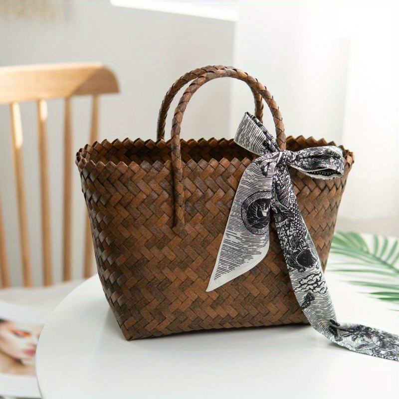 

Retro Imitation Rattan Woven Tote Bag, Small Vegetable Basket Bag, Women Travel Vacation Beach Bag