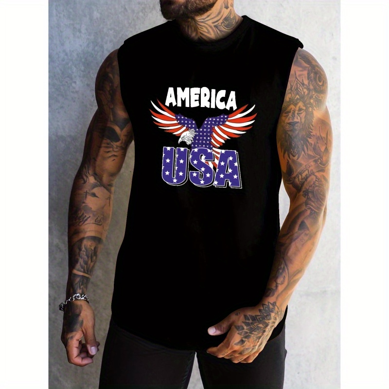 

American Flag Eagle Print Men's Quick Dry Moisture-wicking Breathable Tank Tops Athletic Gym Bodybuilding Sports Sleeveless Shirts For Workout Running Training Men’s Clothing
