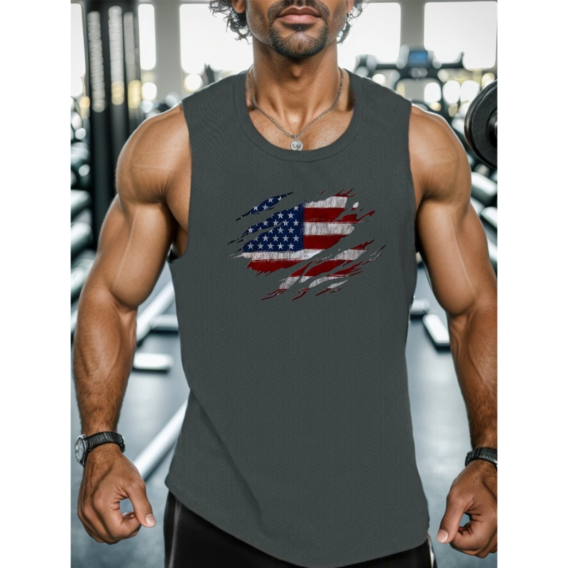 

American Flag Print Sleeveless Tank Top, Men's Active Undershirts For Workout At The Gym