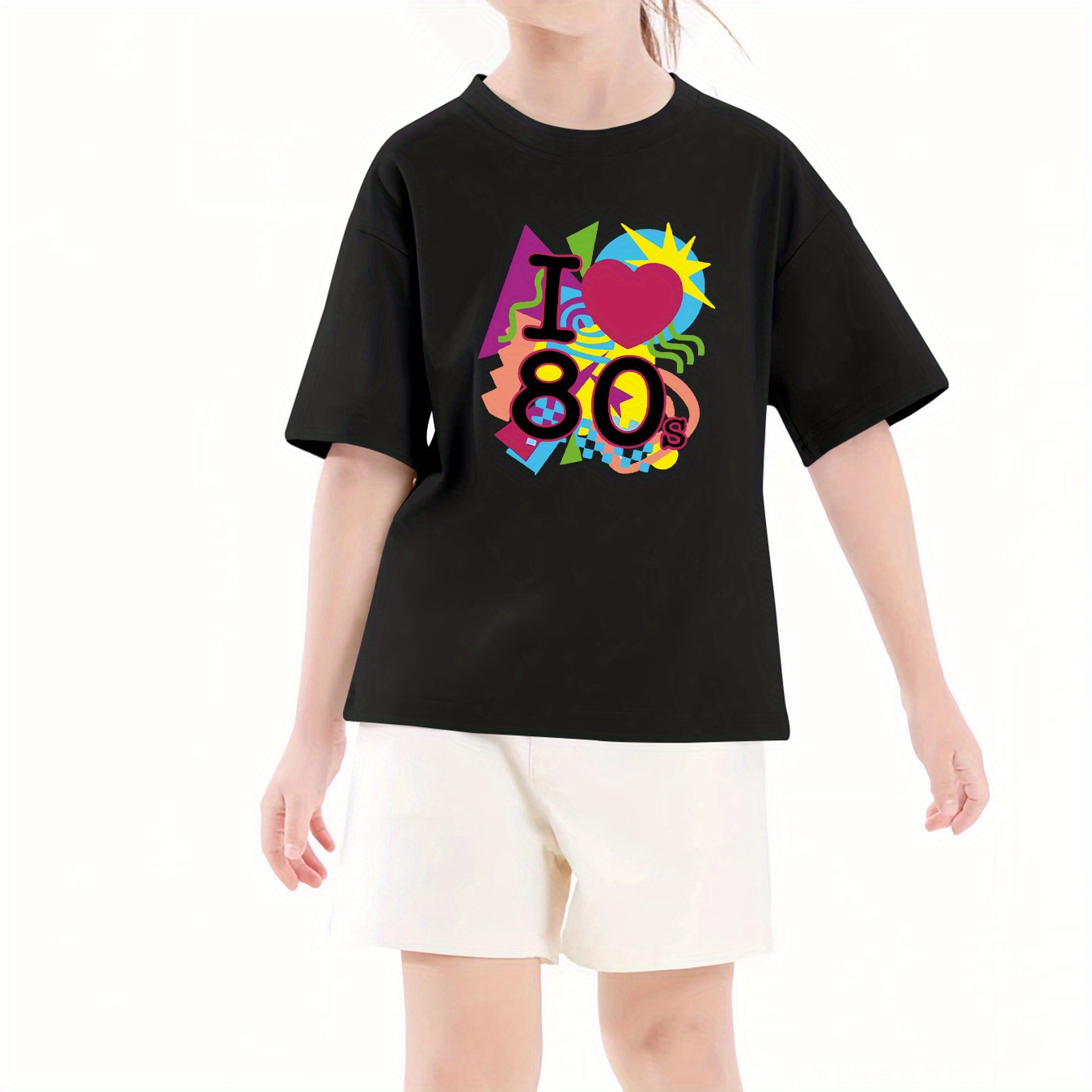 

Girl's Cartoon I Love 80s Pattern T-shirt, Casual Breathable Short Sleeve Crew Neck Tee For Summer