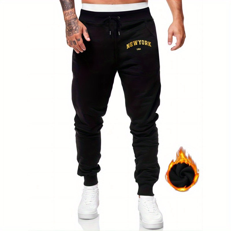 

New York Usa Print, Men's Drawstring Sweatpants With Fleece, Casual Warm And Comfy Jogger Pants For Men