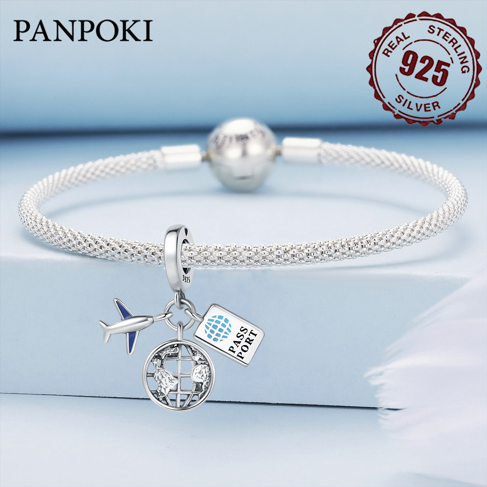 1pc Airplane Passport Earth Travel Theme 925 Silver Fit Bangle  Women's Charm Bracelet Beaded Making
