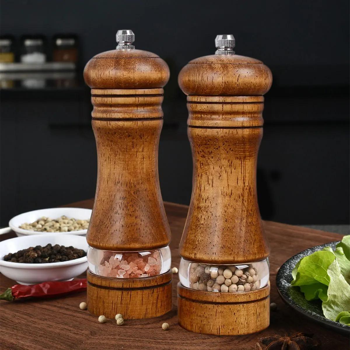 2pcs pepper grinder household sea salt   wooden spice grinder manual pepper mill spice crusher reusable spice bottle for bbq picnic camping kitchen gadgets valentines day gifts kitchen decoration details 0