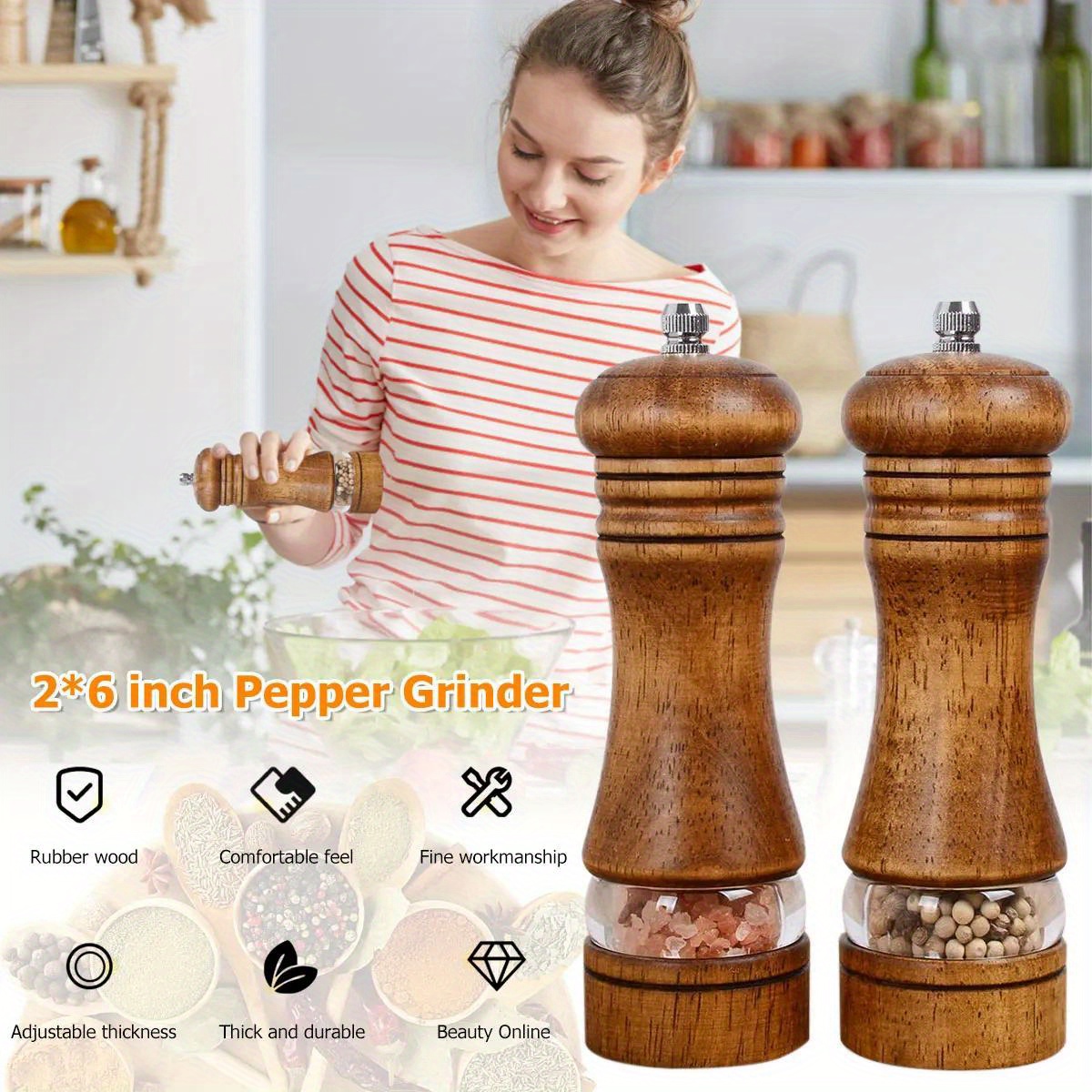 2pcs pepper grinder household sea salt   wooden spice grinder manual pepper mill spice crusher reusable spice bottle for bbq picnic camping kitchen gadgets valentines day gifts kitchen decoration details 1