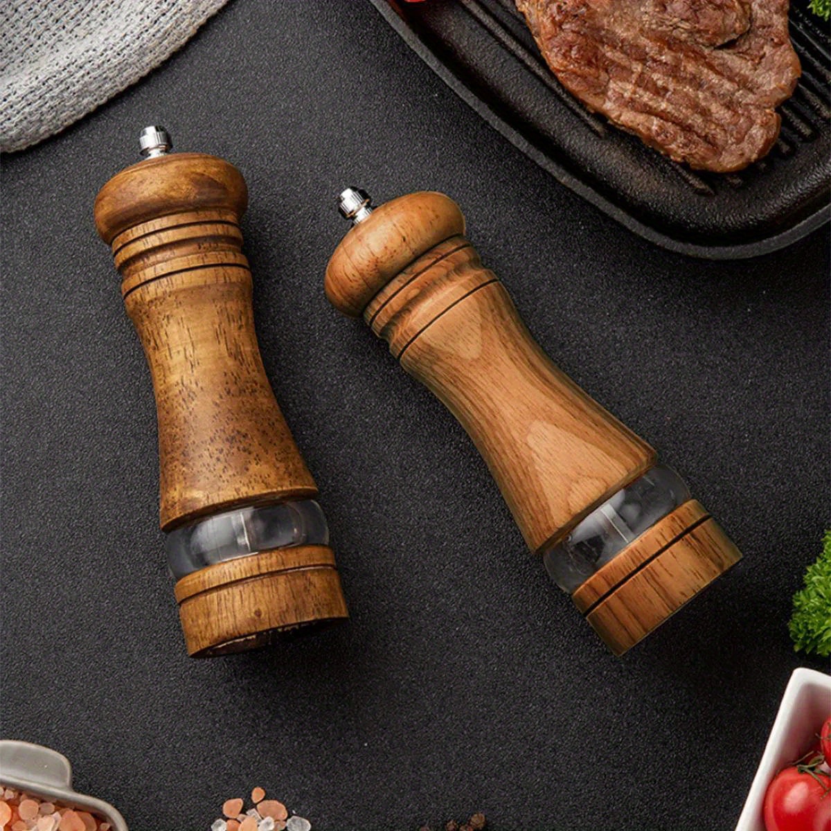 2pcs pepper grinder household sea salt   wooden spice grinder manual pepper mill spice crusher reusable spice bottle for bbq picnic camping kitchen gadgets valentines day gifts kitchen decoration details 4