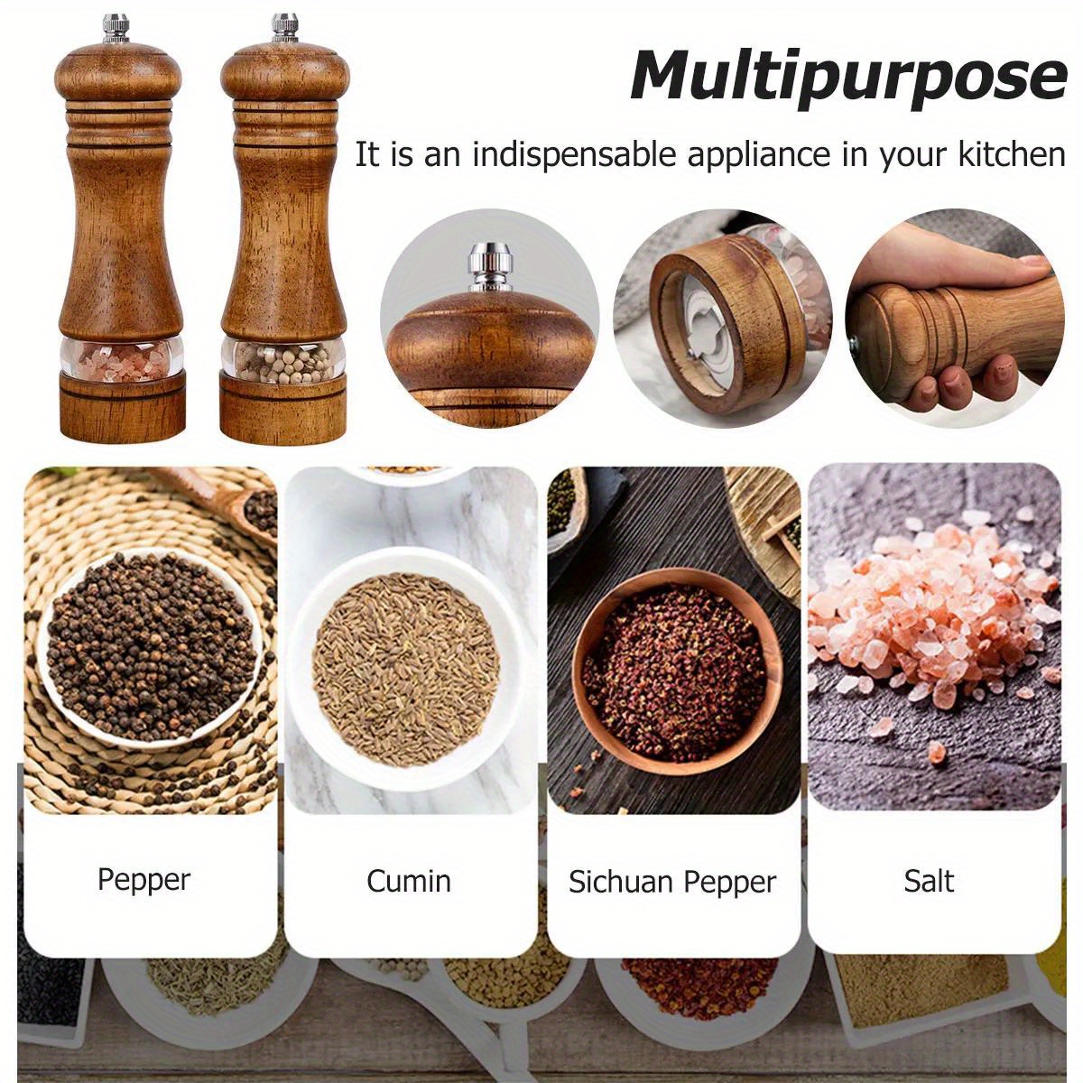 2pcs pepper grinder household sea salt   wooden spice grinder manual pepper mill spice crusher reusable spice bottle for bbq picnic camping kitchen gadgets valentines day gifts kitchen decoration details 6