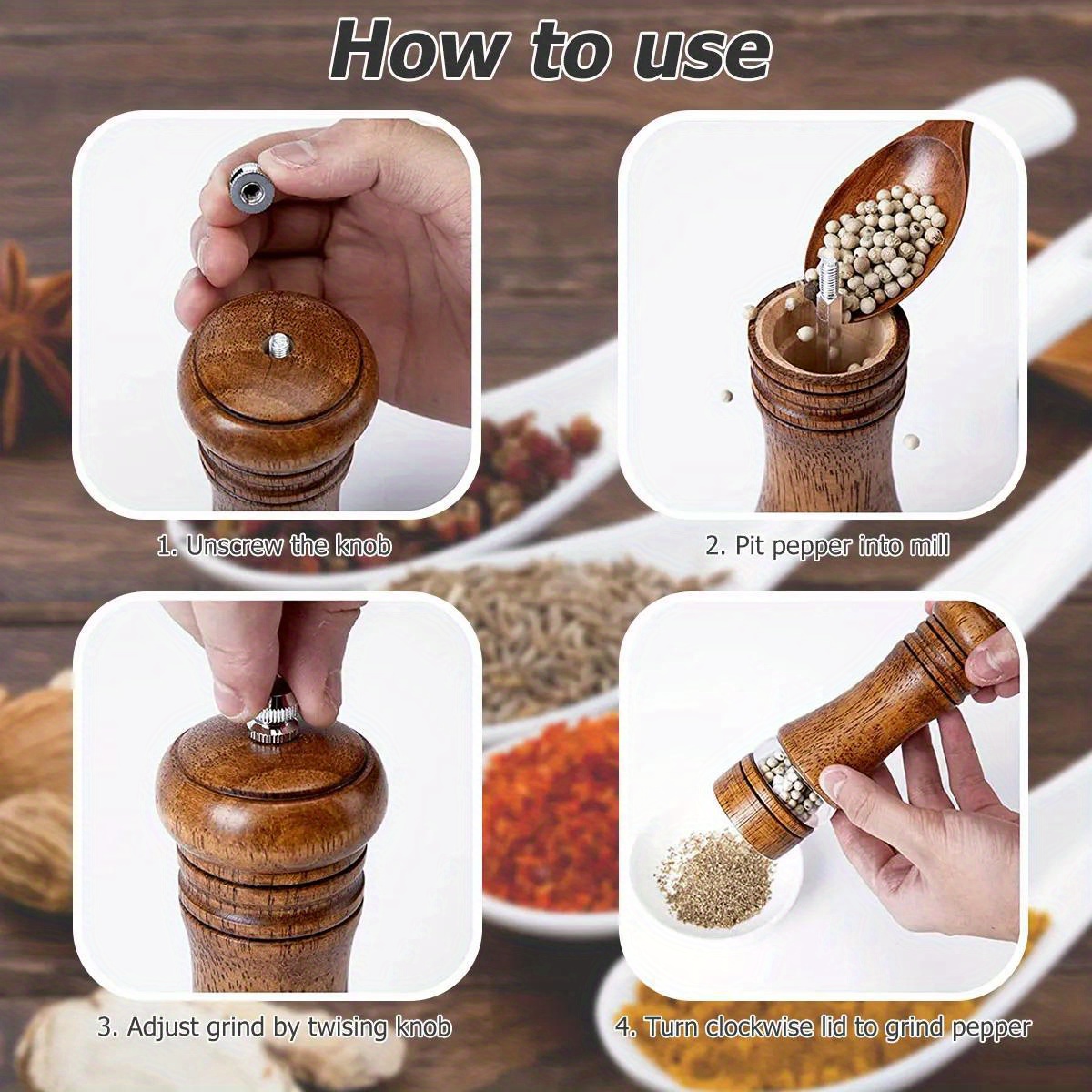 2pcs pepper grinder household sea salt   wooden spice grinder manual pepper mill spice crusher reusable spice bottle for bbq picnic camping kitchen gadgets valentines day gifts kitchen decoration details 7