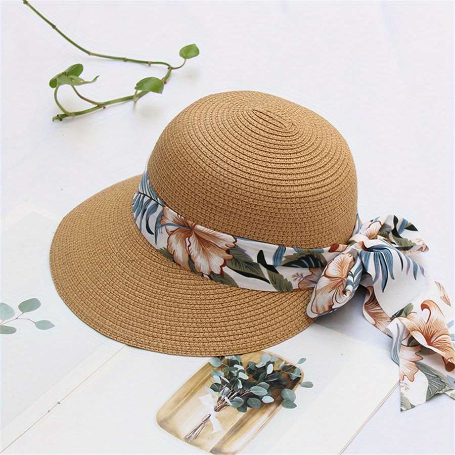 Flower Ribbon Bowknot Straw Hat Elegant Solid Color Sun Hat - Temu Slovakia