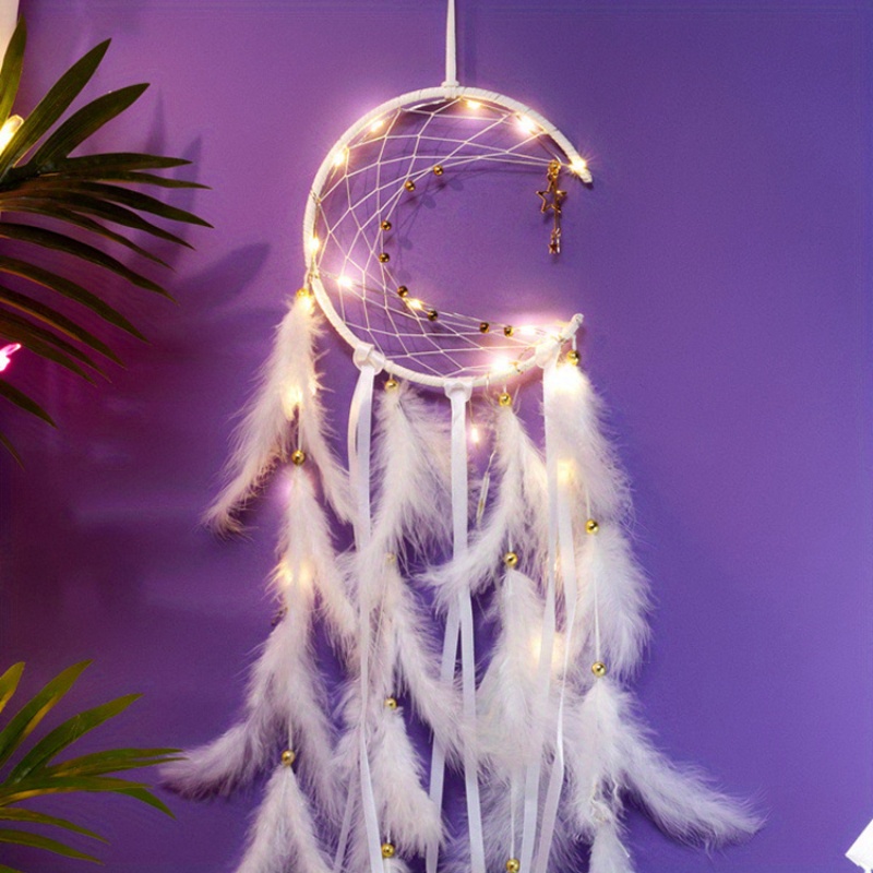 Moon Dream Catcher Fairy Lights handmade Feather Lucky - Temu