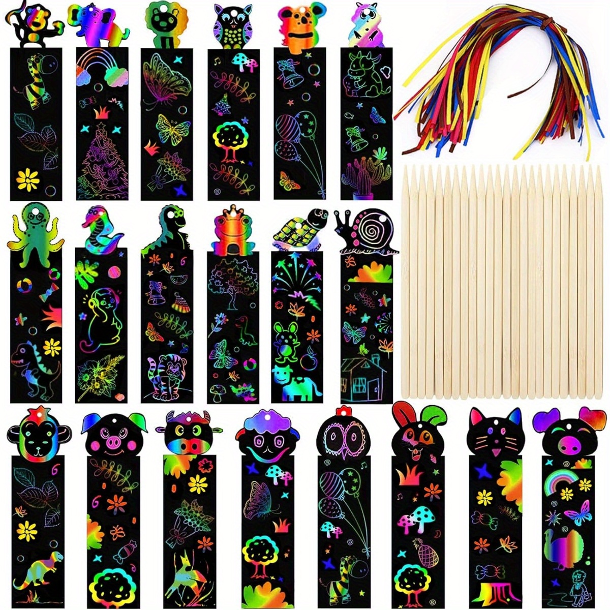 

48pcs Scratch Art, Magic Rainbow Bookmarks, Scratch Art Party Bag Fillers, Animal Craft Diy Scratch Paper Art Tags With Wooden Stylus And Ribbons For Birthday Gifts
