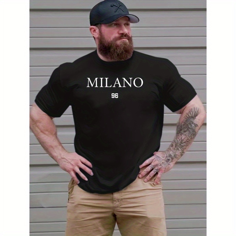 

Plus Size "milano" Letters Print Casual Crew Neck Short Sleeves For Men, Quick-drying Comfy Casual Summer T-shirt For Daily Wear Work Out And Vacation Resorts