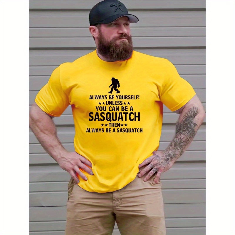 

Plus Size T-shirt For Men, "sasquatch" Graphic Print Short Sleeve Tees For Outdoor, Men's Clothing For Summer