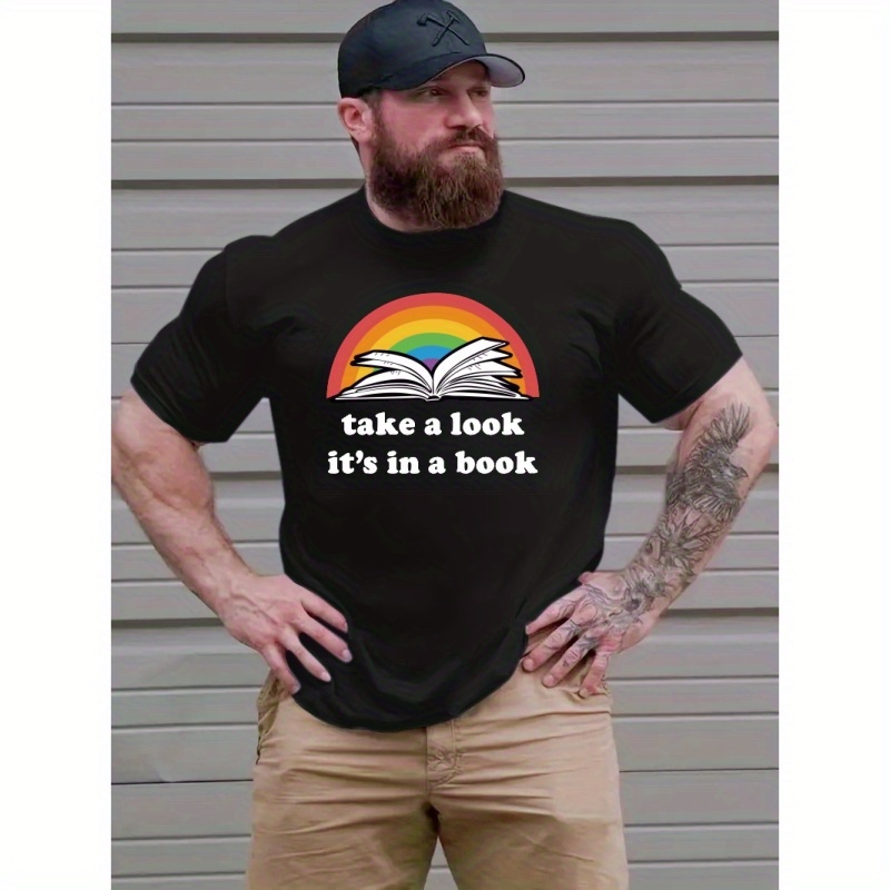 

Plus Size T-shirt For Men, Anime Rainbow & Book Graphic Print Short Sleeve Tees For Outdoor, Men's Clothing For Summer