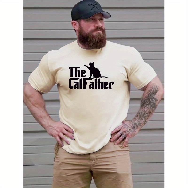 

Plus Size T-shirt For Men, "the Catfather" Graphic Print Short Sleeve Tees For Outdoor, Men's Clothing For Summer