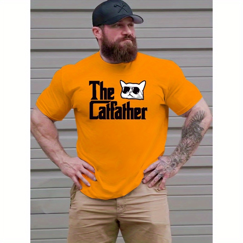 

Plus Size T-shirt For Men, "the Catfather" Graphic Print Short Sleeve Tees For Outdoor, Men's Clothing For Summer