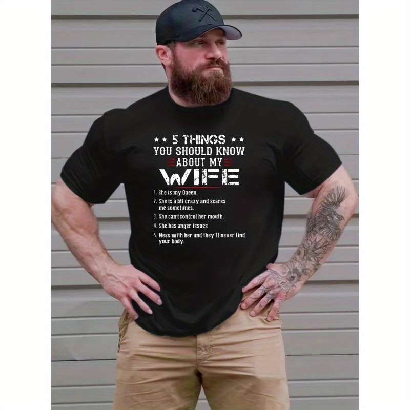 

Plus Size Men's "5 Things You Should Know About My Wife" Graphic Print T-shirt For Summer, Men's Clothing