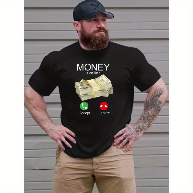 

Plus Size Money Is Calling Print Men's Short Sleeve T-shirts, Comfy Casual Breathable Tops For Men's Fitness Training, Jogging, Men's Clothing