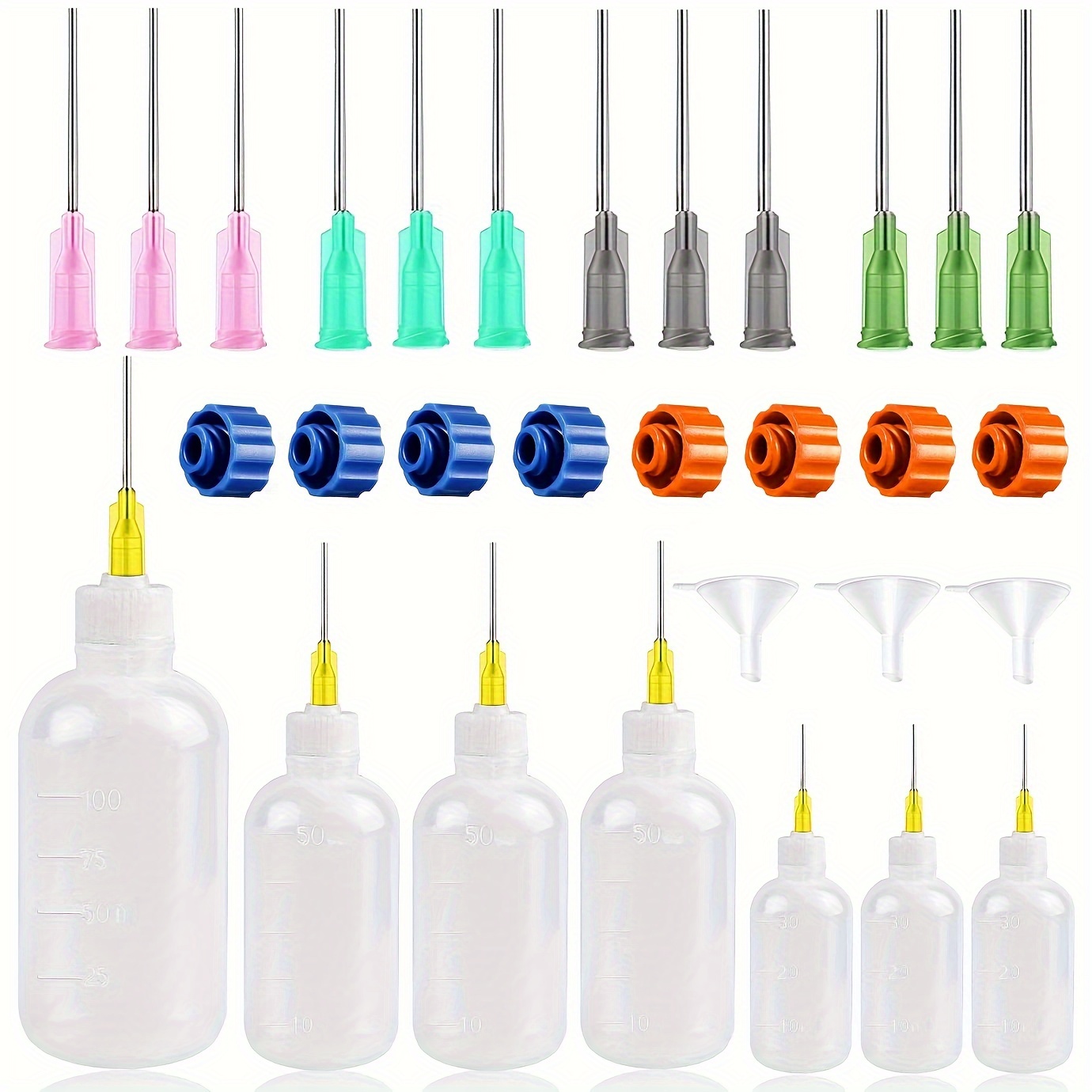 

Value Pack 24pcs Needle Tip Glue Bottle Applicator Set, 30ml 50ml 100ml Plastic Squeeze Dropper Bottle With 8 Lids And 12 Blunt Needle Tips For Craft Art Projects, Paint Down Craft And Oil