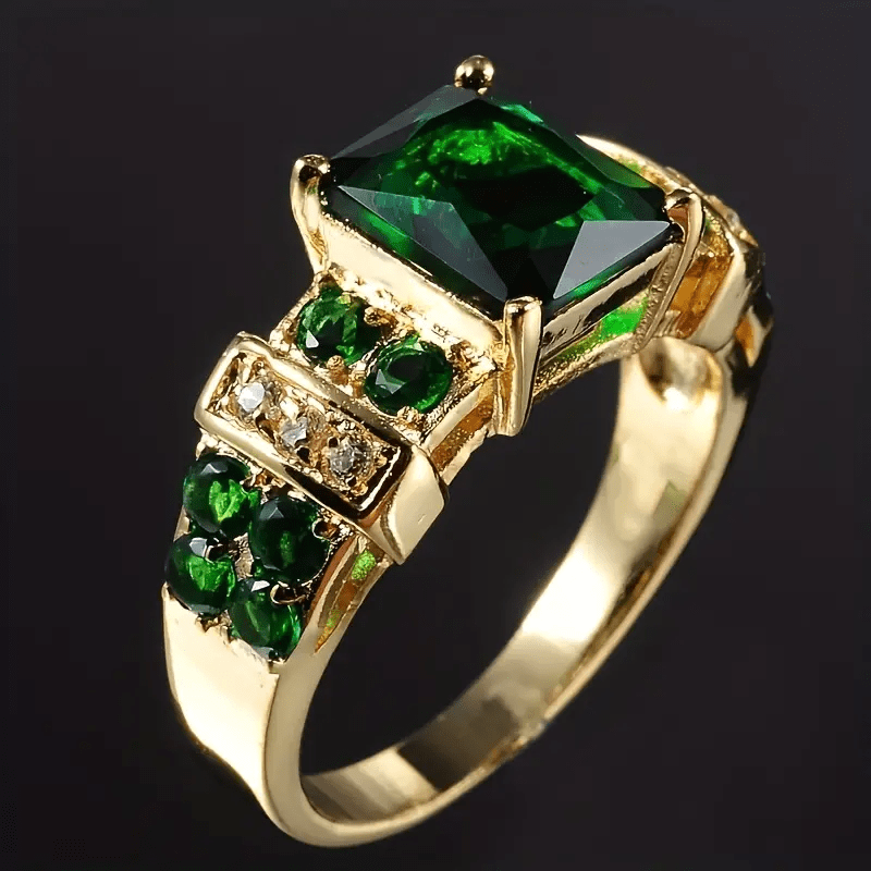 

1pc Exquisite Promise Ring Trendy Golden Emerald Design Paved Shining Zirconia Engagement/wedding Ring For Brides Dupes Luxury High-end Temperament Men & Women Jewelry
