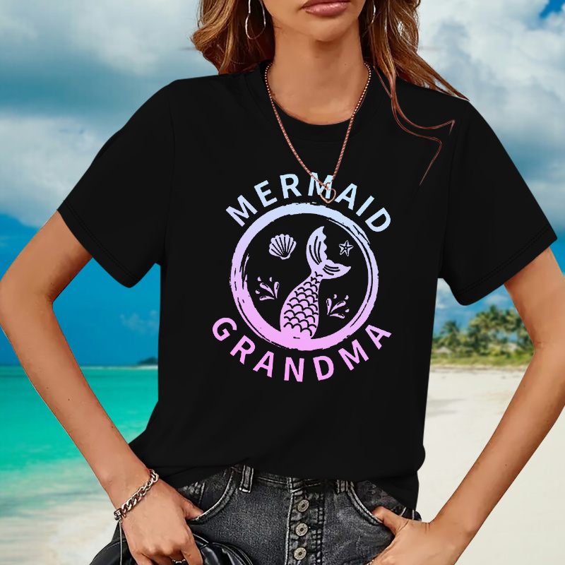 

Mermaid & Letter Print T-shirt, Casual Crew Neck Short Sleeve Top For Spring & Summer, Women's Clothing