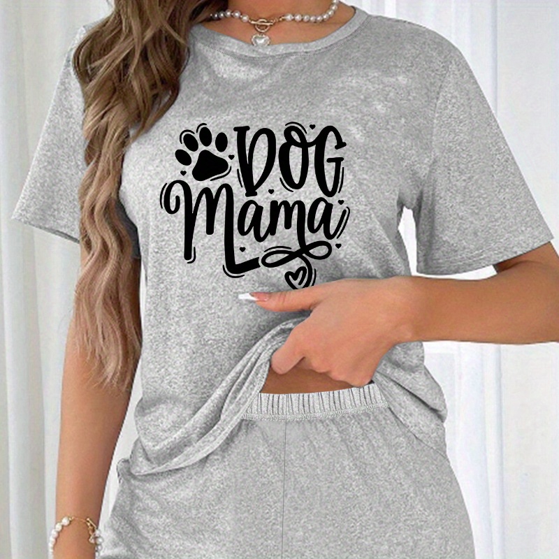 

Paw & Letter Print Pajama Set, Short Sleeve Round Neck Tee & Elastic Shorts, Women's Sleepwear